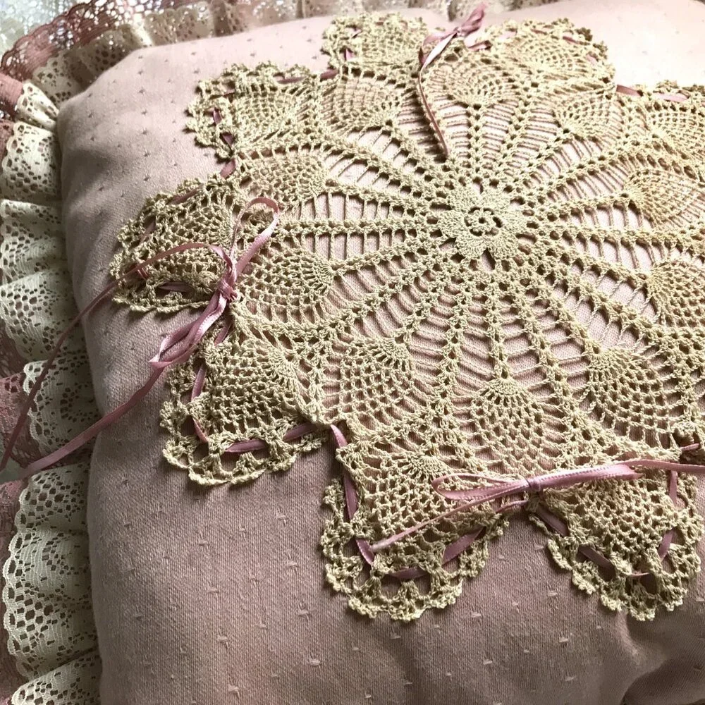 Vintage Shabby Chic Accent Pillow Pink Ivory Lace